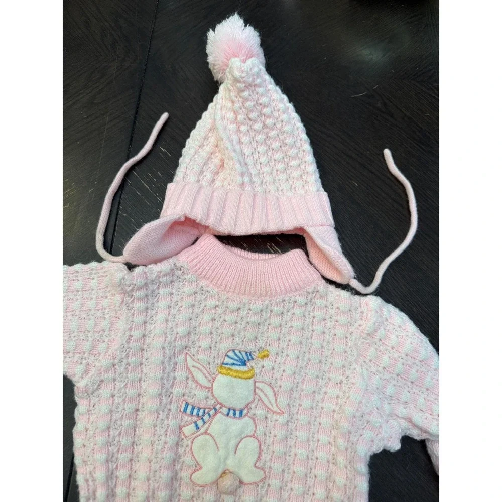 Vintage Tiny‎ Tots Original Pink White Bunny Popcorn Knit Sweater Pants Hat Set
